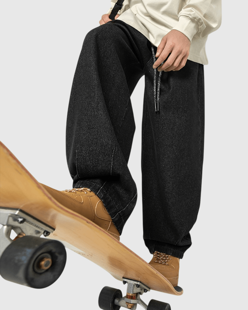 日系簡約拼色鬆緊繩設計 垂感闊腳水洗牛仔褲 [SBP-1139]