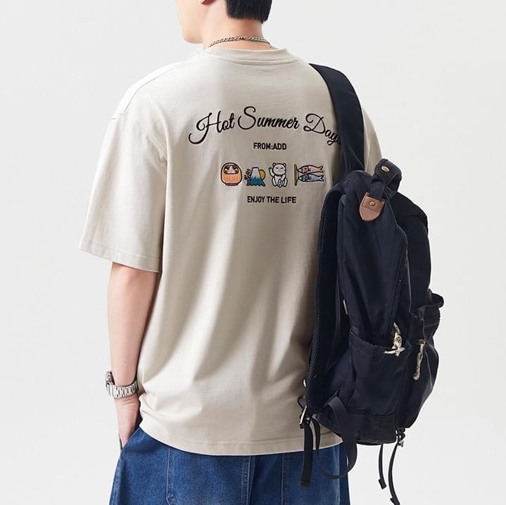 日式文化細圖案刺繡 純棉短袖 T-Shirt [SBT-1386]