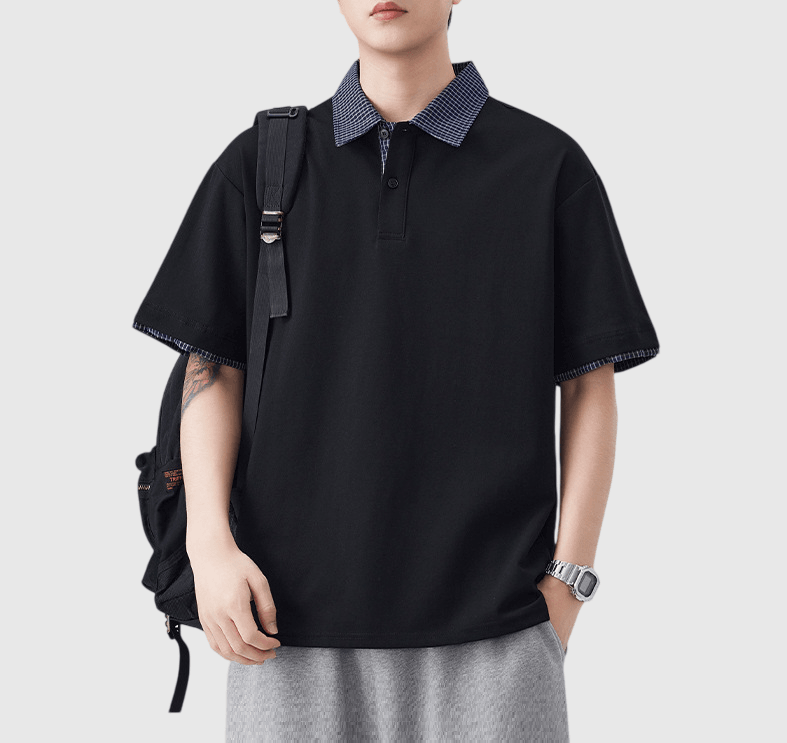 日系格紋假兩件式設計 短袖 POLO T-Shirt [SBT-1504]
