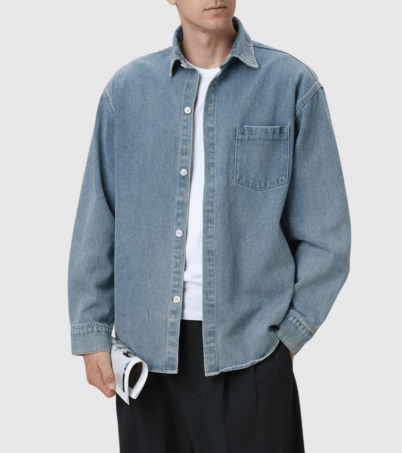 復古基礎前袋原色牛仔 純棉水洗長袖恤衫 [SBS-1346]