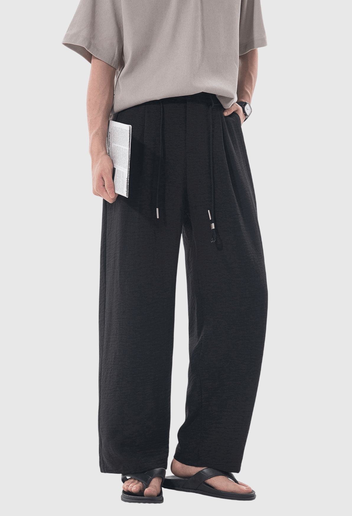 日系外編織鬆緊腰繩設計 麻質闊腿直筒垂感長褲 [SBP-1201]