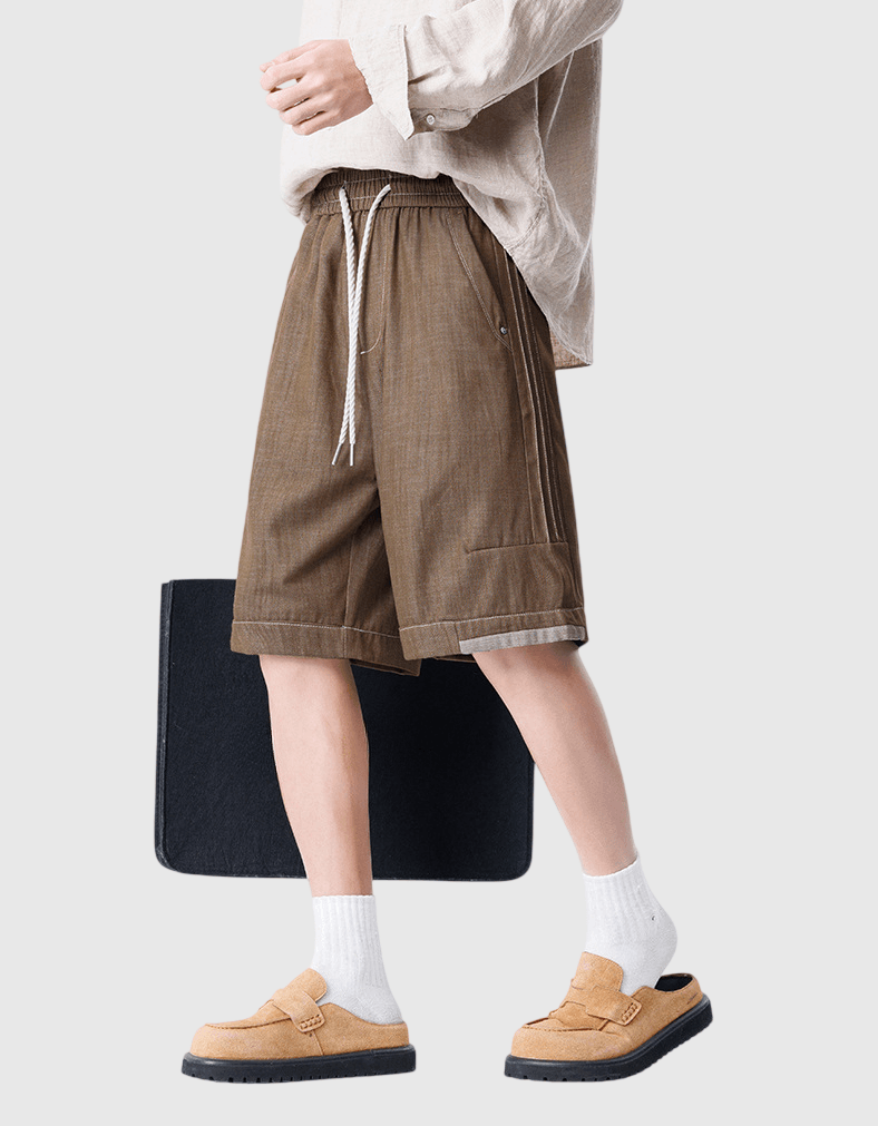 日系褲腳色系拼布設計 仿牛仔透氣短褲 [SBST-1167]