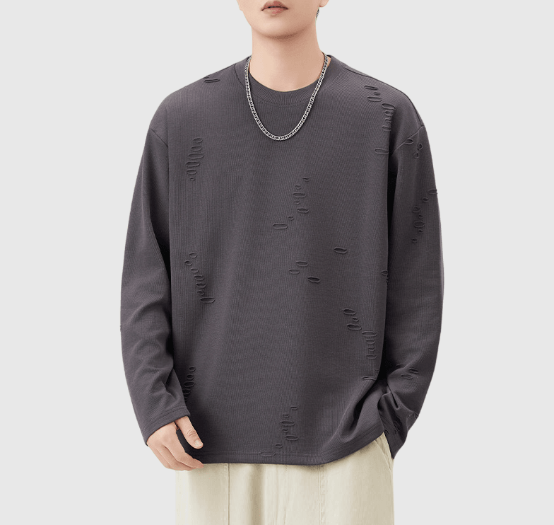 復古不規則破洞造舊設計 長袖 T-Shirt [SBT-1456]