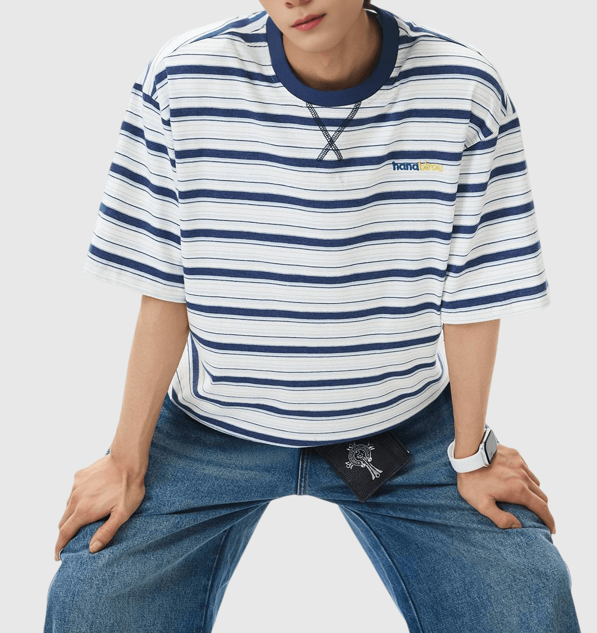 色系條紋撞色色彩細文字刺繡 純棉短袖 T-Shirt [SBT-1556]