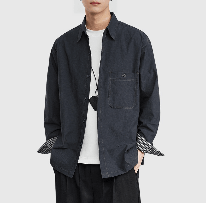 復古鈕扣前袋內層格紋拼接 長袖恤衫 [SBS-1383]