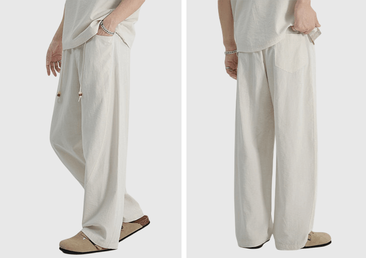日式木珠外編織鬆緊腰繩設計 麻質闊腿直筒透氣長褲 [SBP-1206]