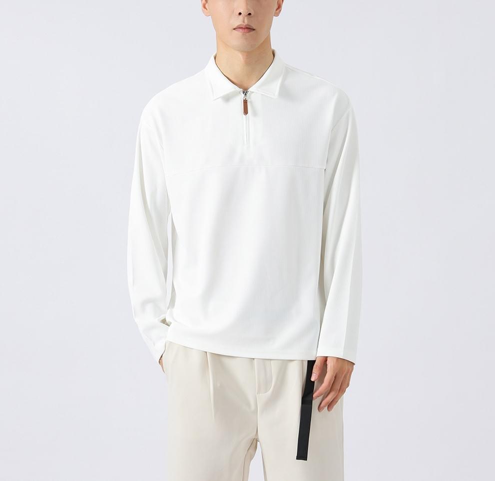 皮革撞色半拉鍊  重磅肌理紋理長袖 POLO T-Shirt [CBT-1119]
