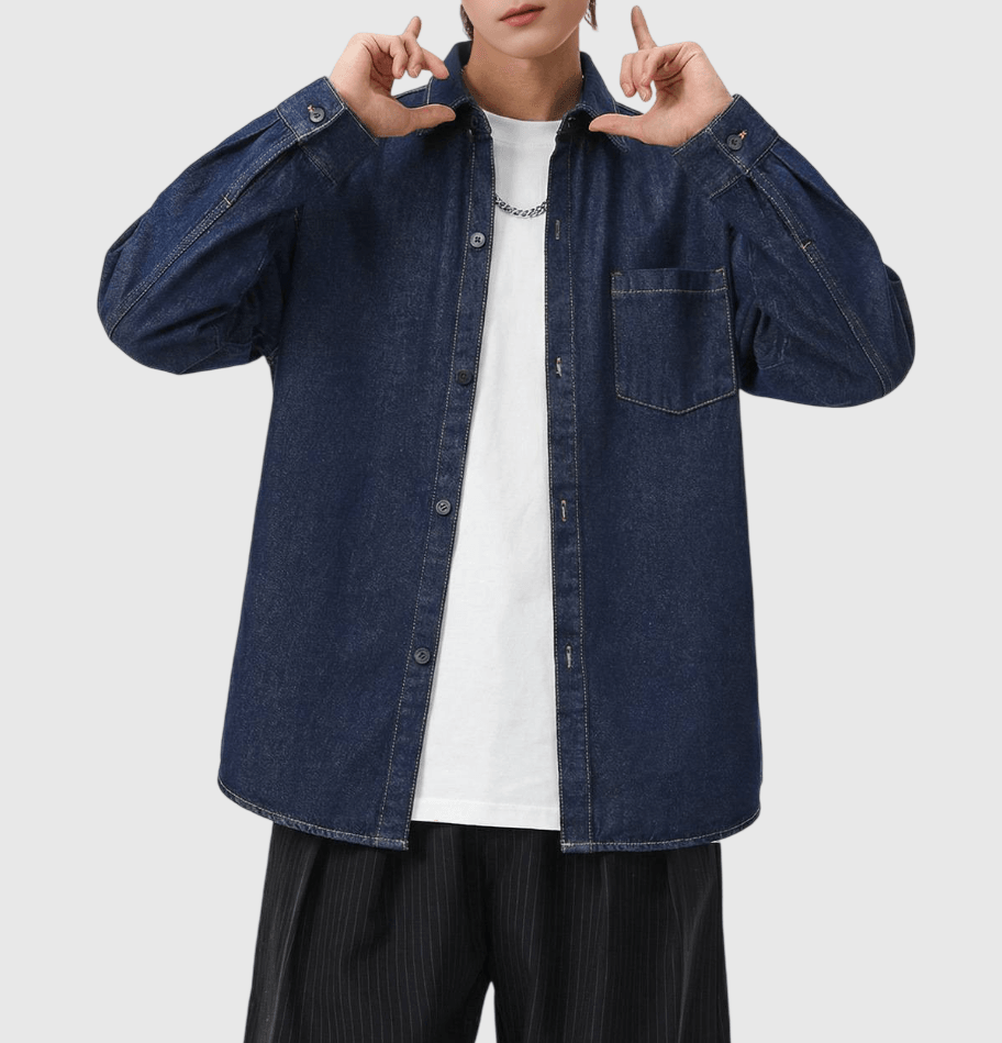 復古基礎前袋原色牛仔 純棉水洗長袖恤衫 [SBS-1346]