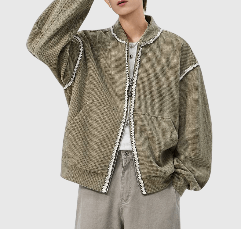 日系色系縫線包邊紋理編織 長袖外套 [SBO-1502]