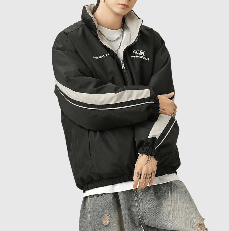 復古細文字刺繡雙面穿著撞色設計 夾棉長袖外套 [SBO-1379]