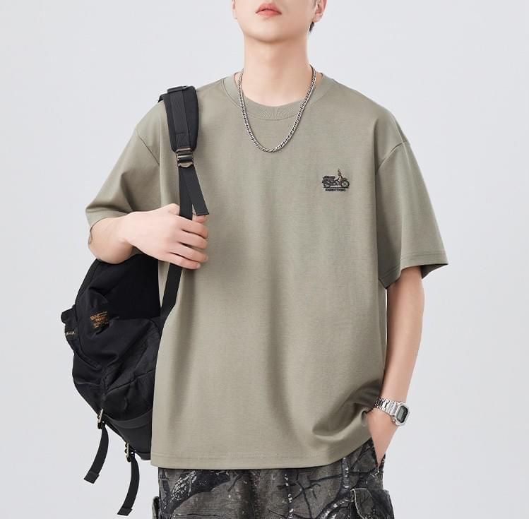 復古電單車細圖案刺繡 純棉短袖 T-Shirt [SBT-1430]