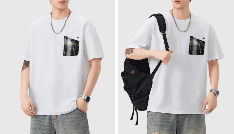 復古格紋前袋撞色拼接設計 短袖 T-Shirt [SBT-1568]