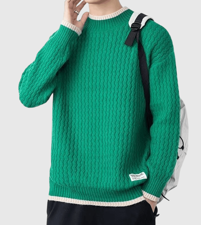 日系簡約條紋小撞色 圓領針織毛衣 [SBK-1031]
