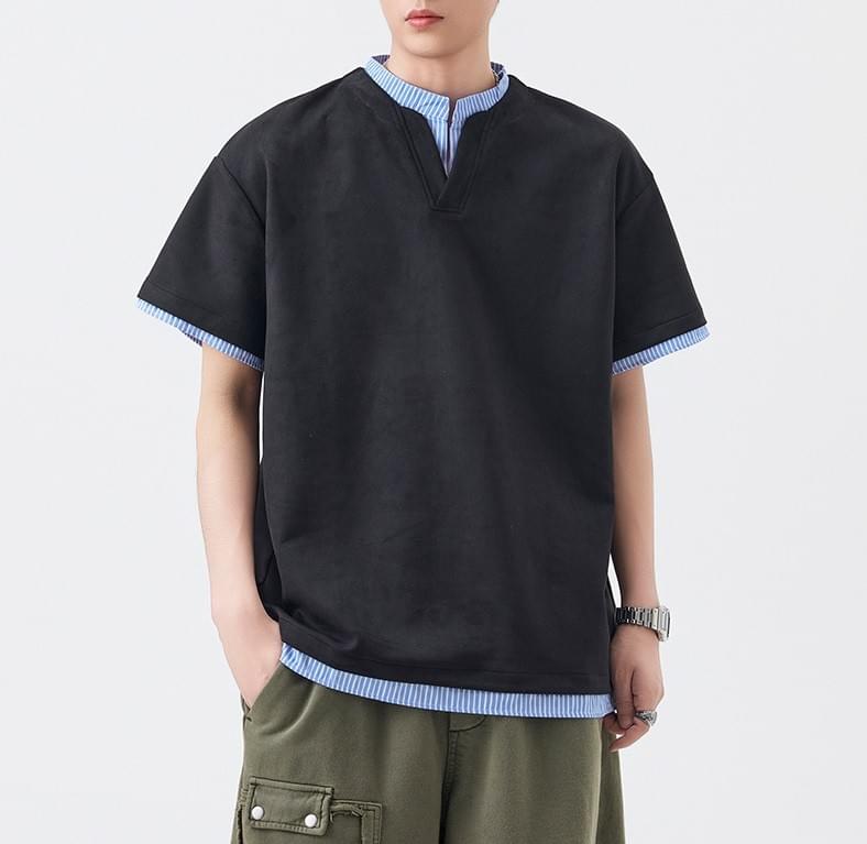 日系層次假兩件式恤衫縫紉拼接 短袖 T-Shirt [SBT-1446]