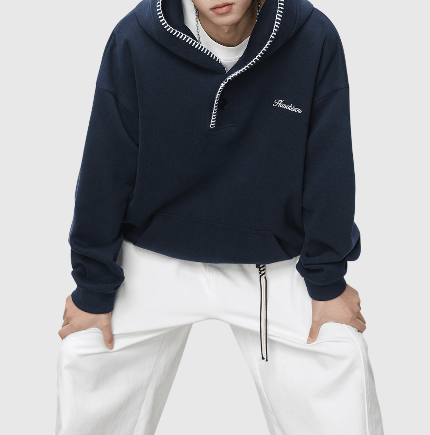 日系帽簷撞色縫線設計 半開領鈕扣連帽衛衣 [SBH-1344]