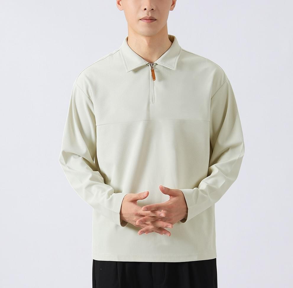 皮革撞色半拉鍊  重磅肌理紋理長袖 POLO T-Shirt [CBT-1119]