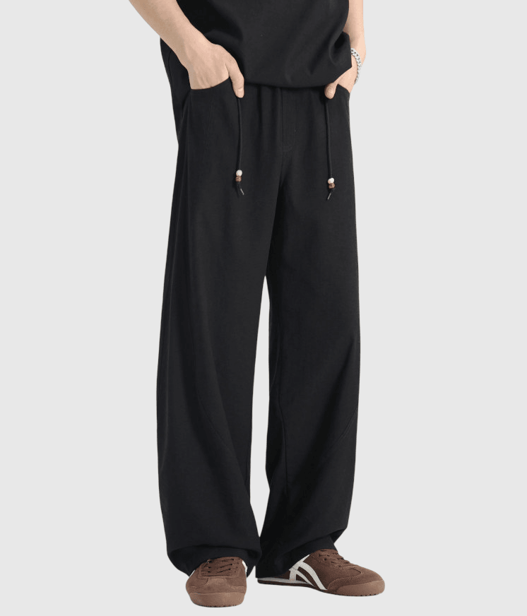 日式木珠外編織鬆緊腰繩設計 麻質闊腿直筒透氣長褲 [SBP-1206]