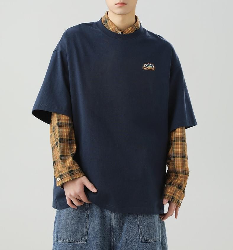 山系撞色細圖案文字刺繡 純棉短袖 T-Shirt [SBT-1328]
