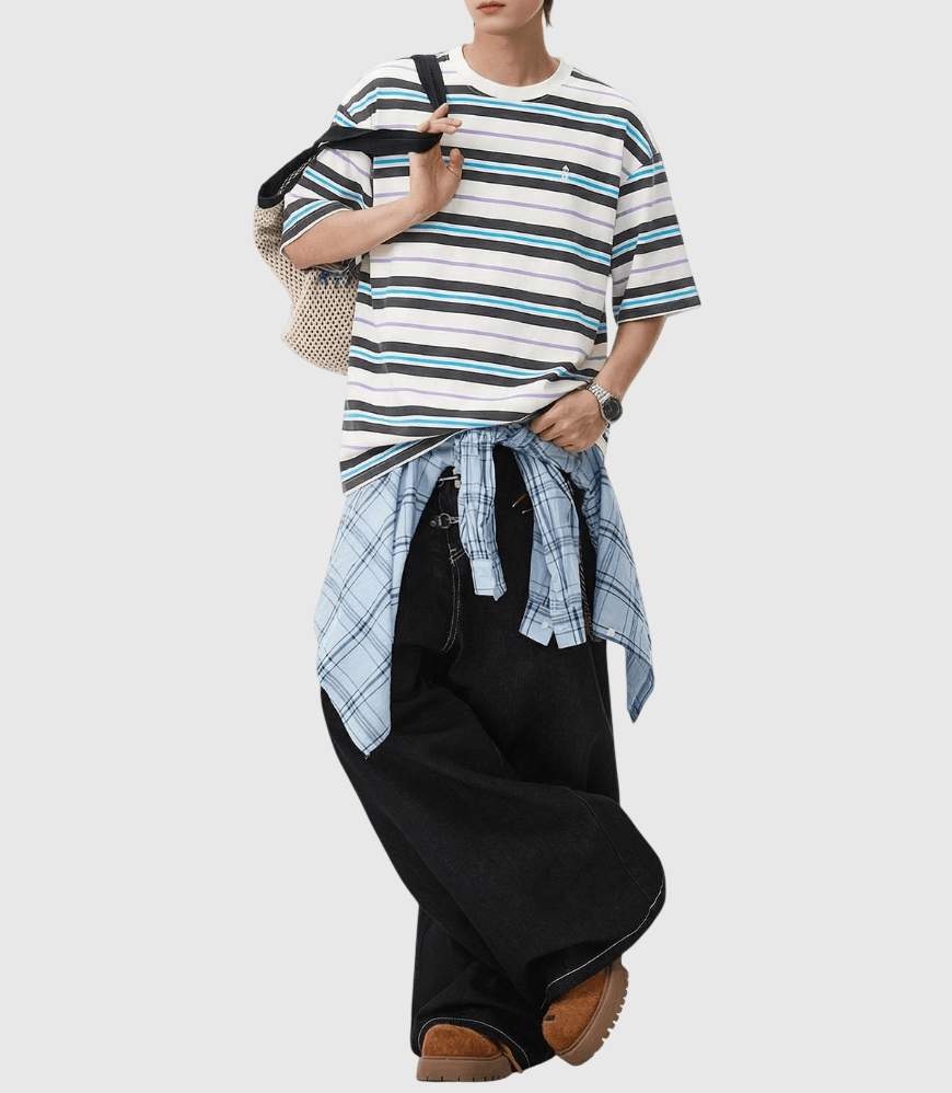 復古撞多色條紋燈塔小刺繡 純棉短袖 T-Shirt [SBT-1151]