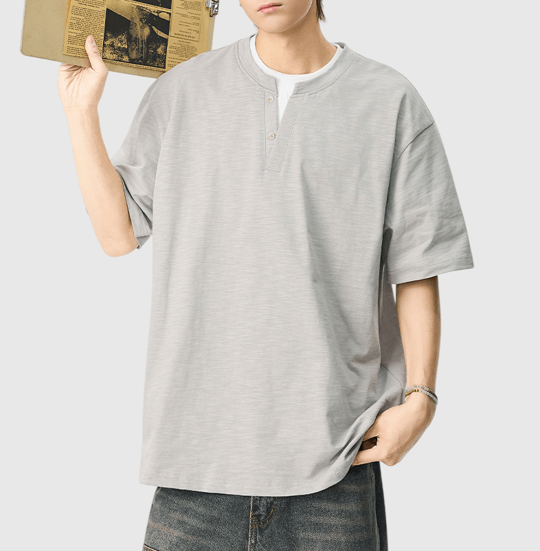 日系基礎層次假兩件式縫紉設計 亨利領天竺棉短袖 T-Shirt [SBT-1511]