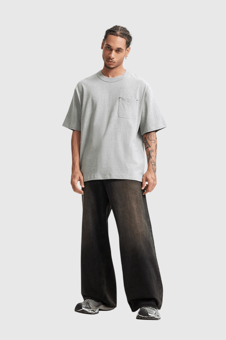 復古前袋鉚釘縫線設計 麻質短袖 T-Shirt [CBT-1271]