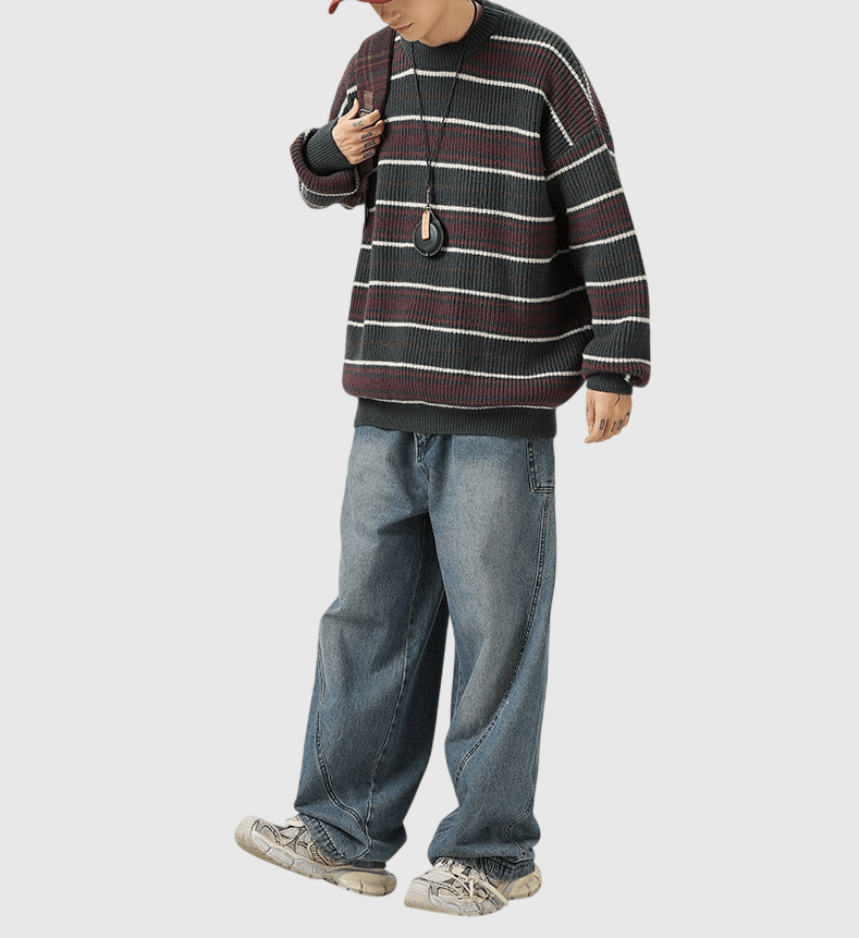 復古撞色條紋粗線針織紋理 重磅圓領毛衣 [SBK-1084]