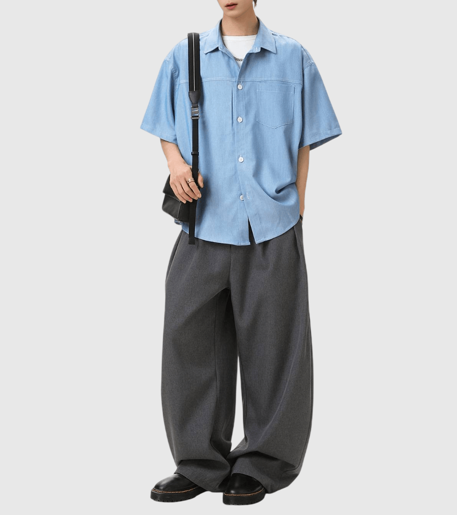 日系水洗撞色輯明線工裝 垂感透氣牛仔短袖恤衫 [SBS-1387]