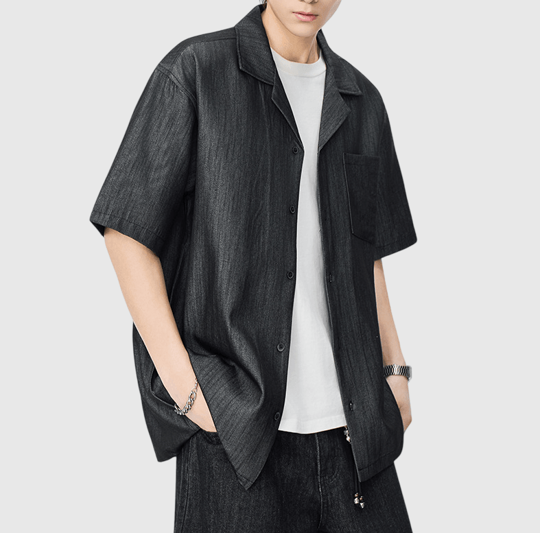 日系基礎微皺紋理 透氣垂感牛仔短袖恤衫 [SBS-1395]