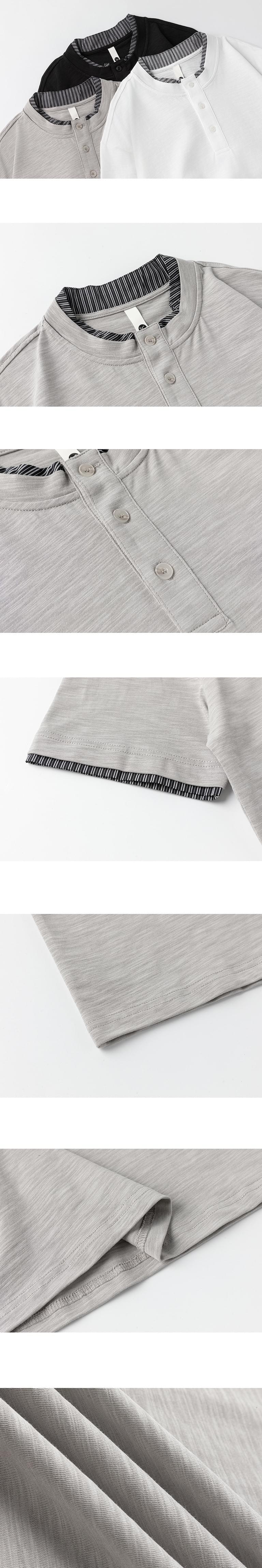 日系假兩件式條紋縫紉 亨利領純棉短袖 T-Shirt [SBT-1508]