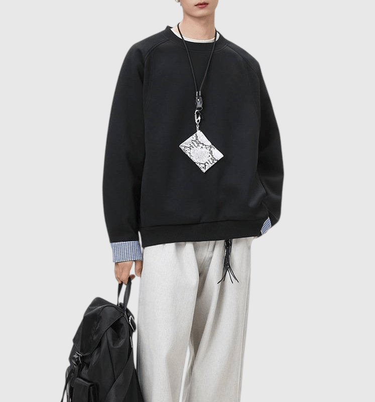 日系手袖格紋恤衫縫紉拼接 長袖衛衣 [SBH-1347]