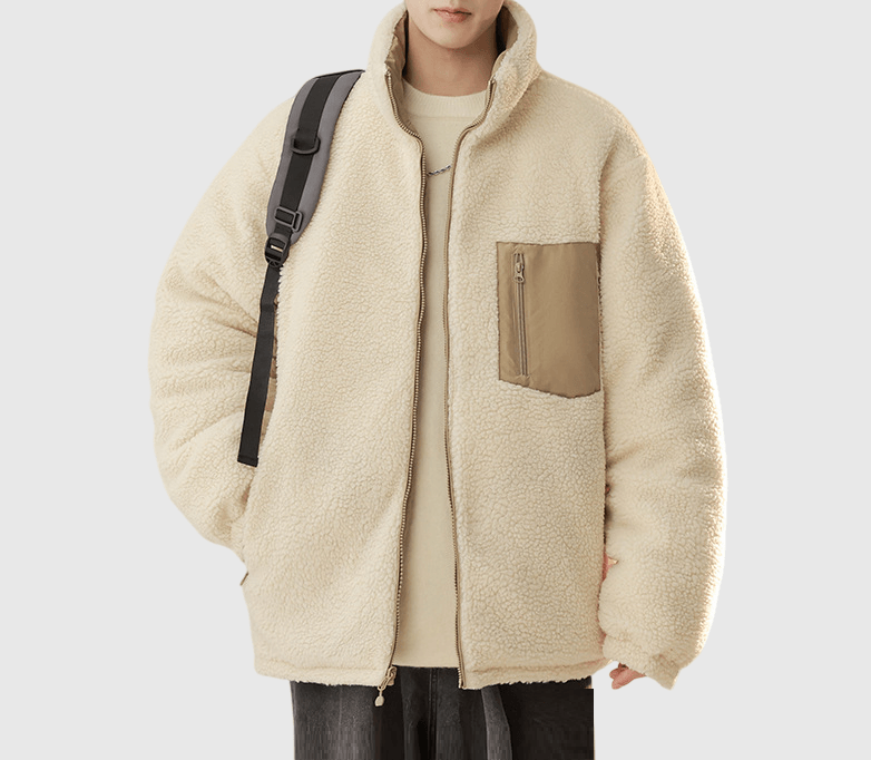 日系拉鍵前袋色系撞色 雙面穿著絨毛粒拼風褸夾棉外套 [SBO-1492]