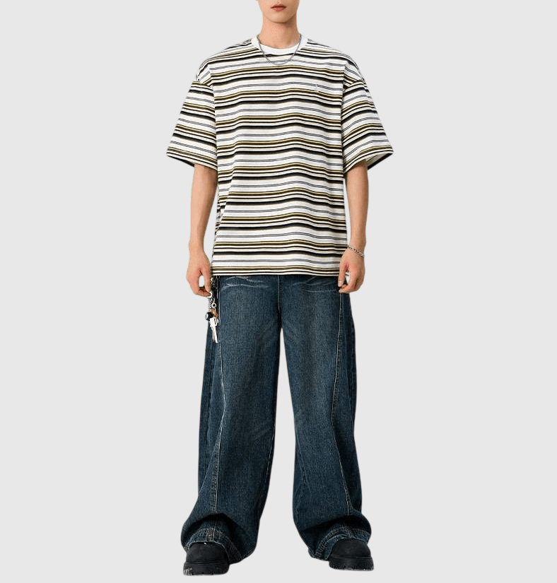 復古多色系條紋撞色燈塔小刺繡 短袖 T-Shirt [SBT-1483]