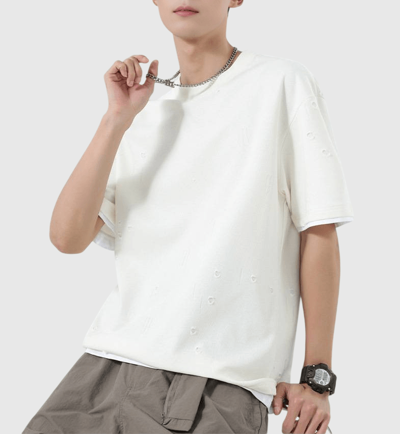 復古細破口造舊假兩件式設計 短袖 T-Shirt [SBT-1494]