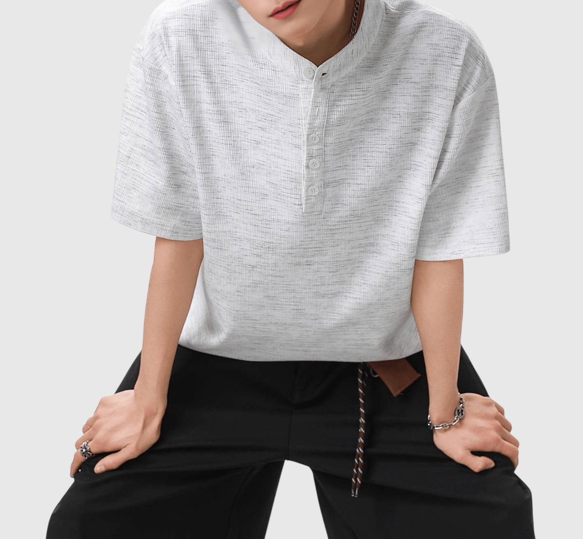 日系混色編織紋理設計 亨利領透氣短袖 T-Shirt [SBT-1552]