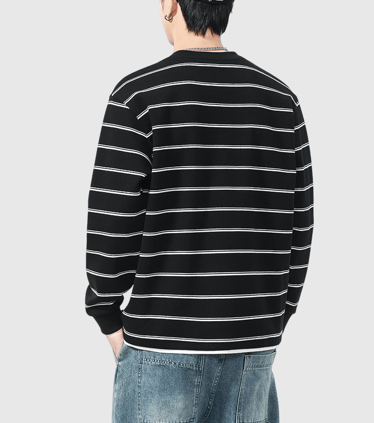 日系條紋撞色假兩件式設計 V 領長袖 T-Shirt [SBT-1462] 