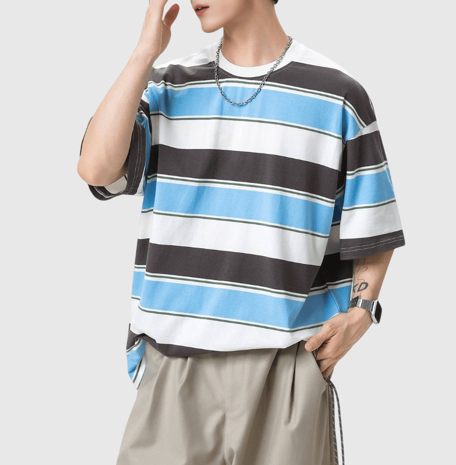 色系撞色橫間闊條紋設計 短袖 T-Shirt [SBT-1513]