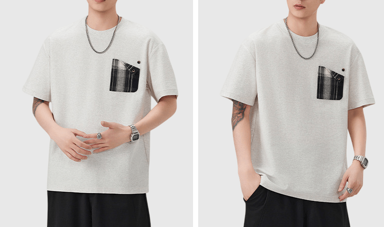 復古格紋前袋撞色拼接設計 短袖 T-Shirt [SBT-1568]