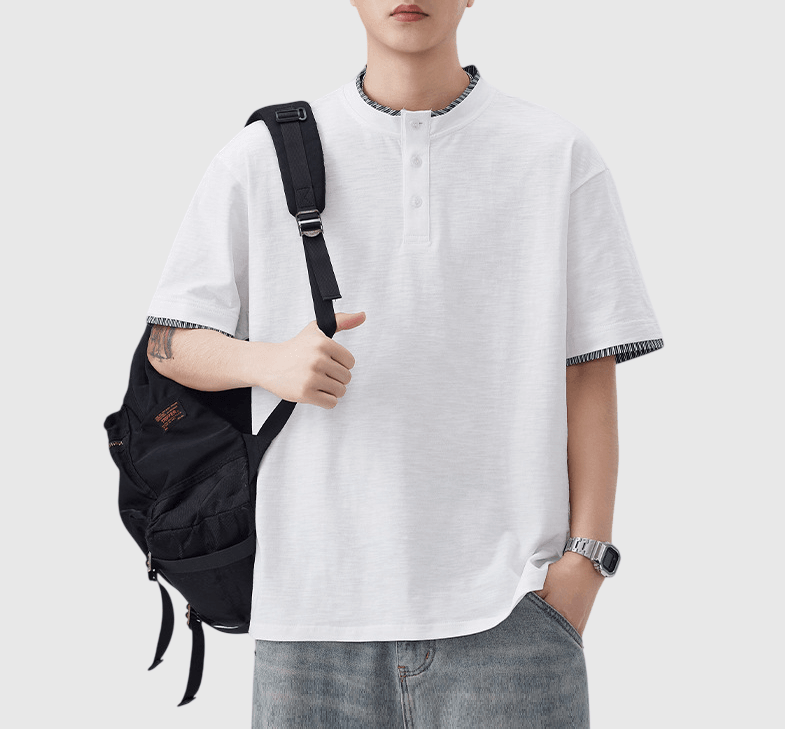 日系假兩件式條紋縫紉 亨利領純棉短袖 T-Shirt [SBT-1508]