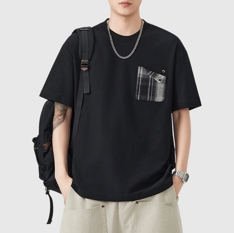 復古格紋前袋撞色拼接設計 短袖 T-Shirt [SBT-1568]