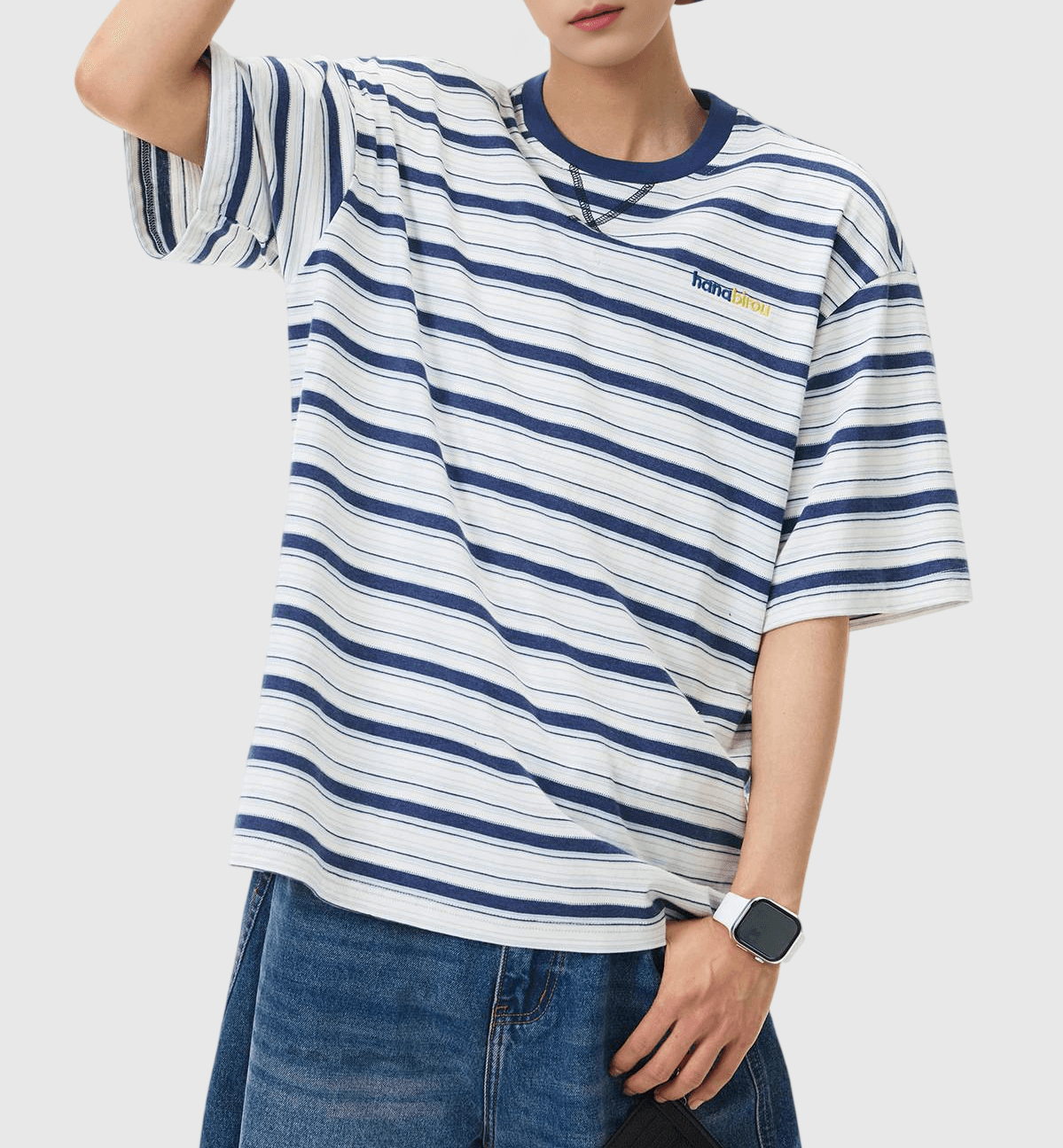 色系條紋撞色色彩細文字刺繡 純棉短袖 T-Shirt [SBT-1556]