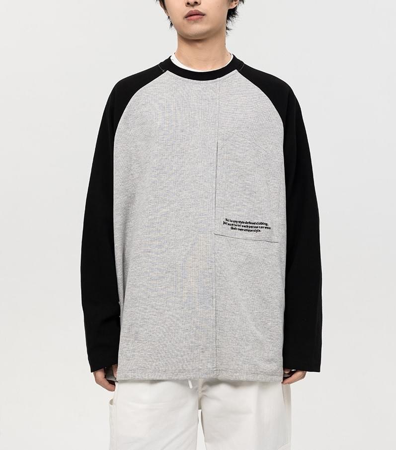 復古撞色牛角袖細文字刺繡 長袖 T-Shirt [CBT-1232]