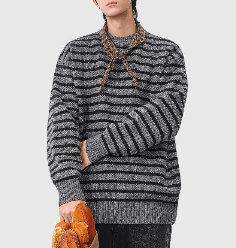 日系復古橫間條紋撞色 圓領針織毛衣 [SBK-1120]