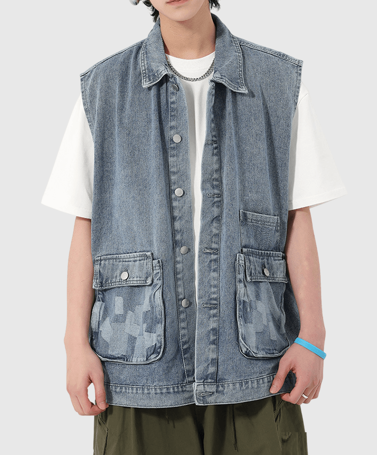 雙前袋撞色拼布縫接 背心水洗牛仔外套 [CBJ-1069]