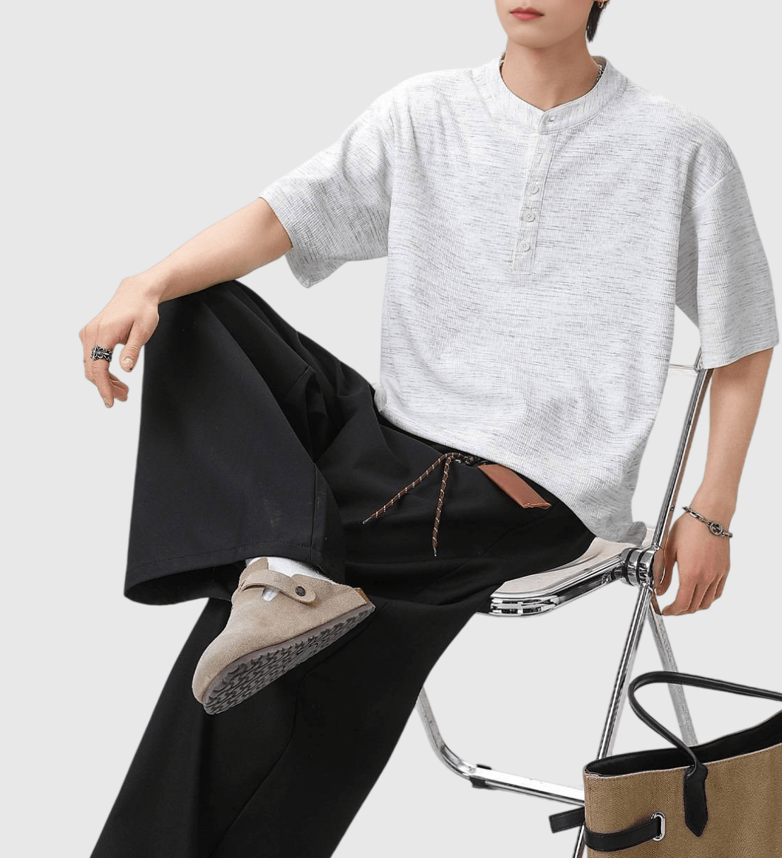 日系混色編織紋理設計 亨利領透氣短袖 T-Shirt [SBT-1552]