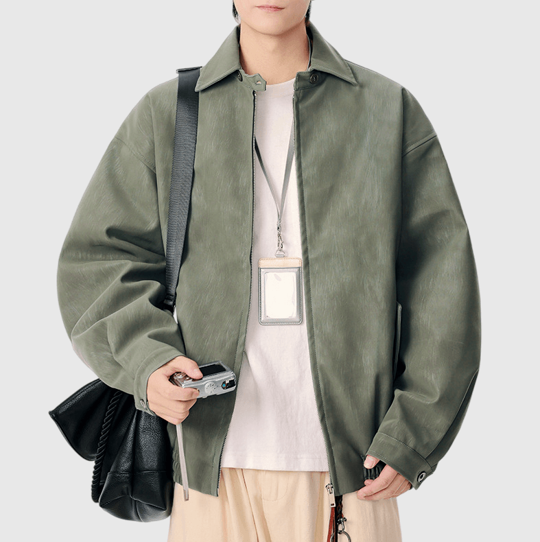 日系基礎輕水洗紮染雙側袋設計 長袖皮革外套 [SBO-1476]