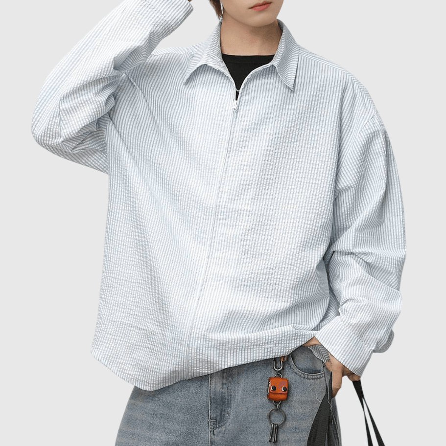 日系基礎垂直條紋紋理拉鏈設計 長袖恤衫 [SBS-1374]
