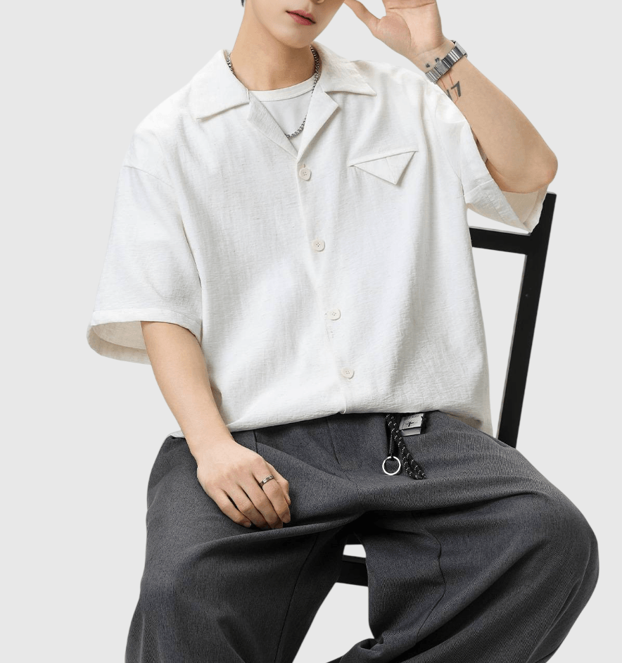 復古三角縫紉前袋微皺紋理 透氣垂感麻質短袖恤衫 [SBS-1393]