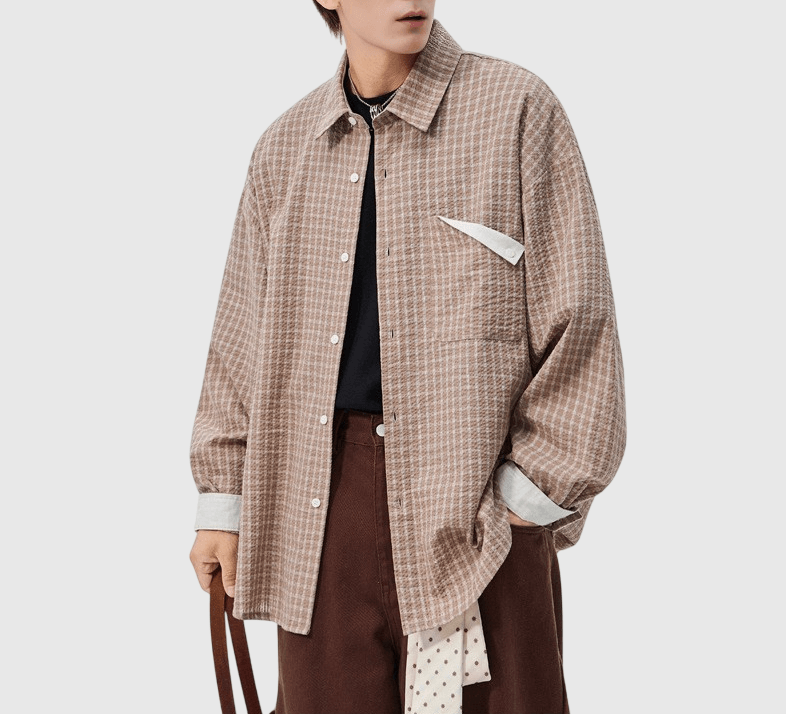 復古細格紋理前袋反向設計 長袖恤衫 [SBS-1378]