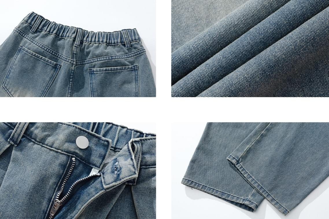 日系基礎洗水立體褶皺設計 闊腳牛仔直筒長褲 [SBP-1194]