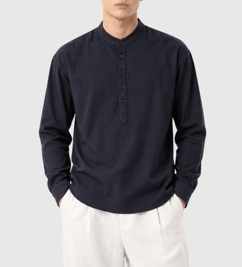 復古基礎色系牛角鈕扣 亨利領麻質透氣短袖 T-Shirt [SBT-1591]